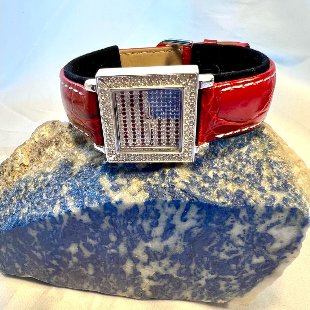 American Flag watch by Susan Lucci w/red and blue rhinestones, square face.